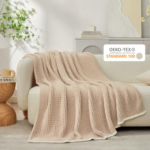 Snuggle Sac Waffle Throw Blanket for Couch Bed Sofa 50x60 inches, Reversible Beige Blanket Microfiber Fluffy Fuzzy Cozy Knit Soft Throws for Women Mothers Birthday Gifts - color: Waffle Beige, size: Throw(50"x60")