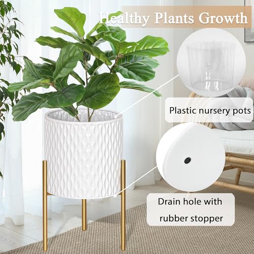 ARNIS Plants Pots with Stand, Set of 2 P lanters, Unique Mid Century Decorative Metal Flower Pots with Drainage, 8.25 & 10.5 Inch, White and Gold - color: Glossy White, size: 8.25 &10.5