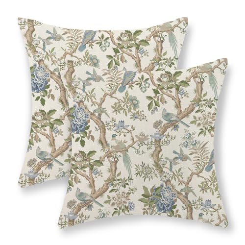 Green Blue Floral Birds Pillow Covers 16x16 Inch 2 Pcs Sage Green Chinoiserie Flower Decor Throw Pillows Spring Vintage Seasonal Outdoor Decoration Pillowcase Linen Cushion Cover for Couch Sofa - color: Sage Green Blue Floral Birds, size: 16" x 16" (Pack