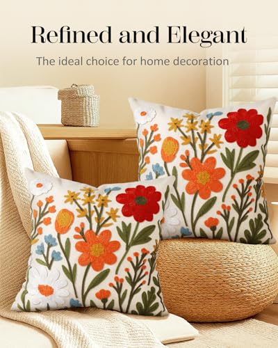 Embroidered Throw Pillow Covers 18x18 Inch - Set of 2 Summer Spring Boho Decorative Pillow Covers with Zipper for Living Room Couch Sofa Bed Aesthetic Design Flower Cluster Cushion Pillowcases - color: Flower Cluster, size: 18" x 18" (Pack of 2)