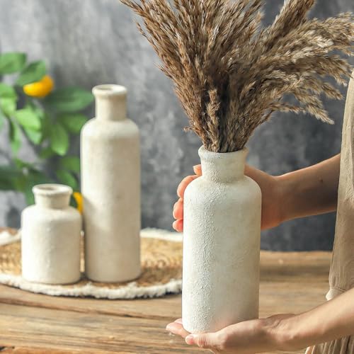 Ceramic Vases Set of 3, Whitewashed Neutral Flower Vases Home Decor, Pottery Rustic Farmhouse Decorative Vases Modern Decor for Table Mantel Entryway Bookshelf Living Room Kitchen Bedroom - color: 007 Rustic - White