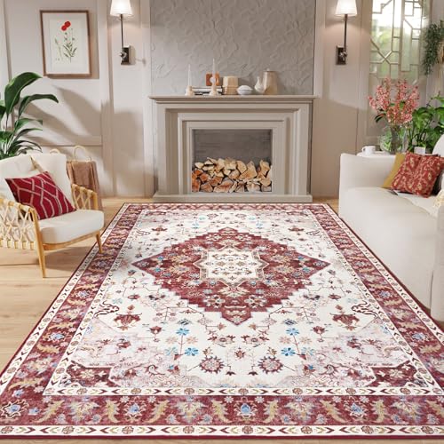Amearea Vintage Design Area Rugs for Living Room, 4x6 Machine Washable Floral Collection Traditional Bedroom Rug, Low Pile Cute Kids Room Print Carpet, No Slip Office Kitchen Home Decor, Red - color: Red, size: 4' X 6' (Rectangular)