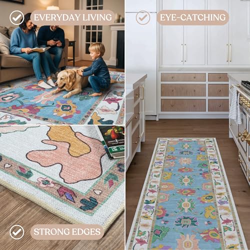 Fame Living Colorful Oushak Runner Rug, Modern Runners, Turkish, Eclectic, Floral, Pastel, Washable, Small Throw Rugs, Short Runner for Entryway, Laundry, Foyer, Bedroom, Kitchen, Bathroom, 2'5"x6'5" - color: Navy Cream, size: 2'6" x 6'6" (Rectangular)