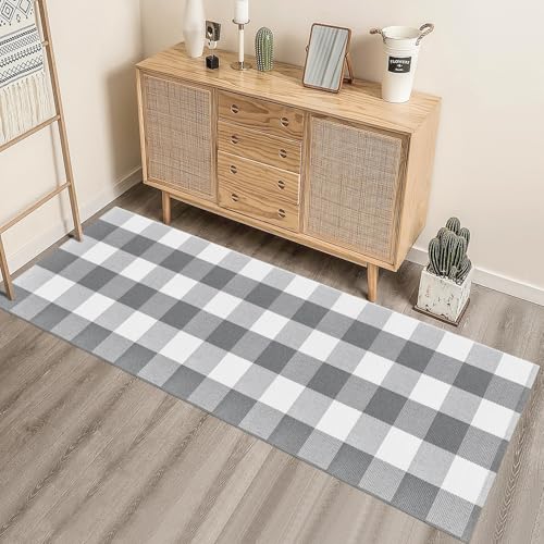 Checkered Runner Rugs 2x6 Grey and White Buffalo Plaid Cotton Woven Rugs, Washable Runner Rug for Hallways Kitchen Bedroom Living Room Porch Farmhouse Decor Area Rug - color: Grey and White, size: 2‘×6’