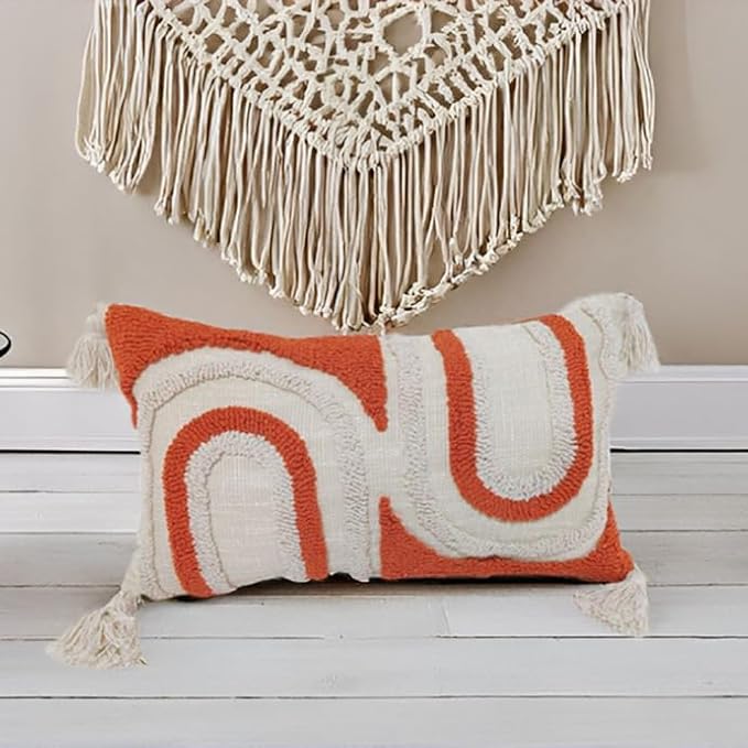 Bohemian Rainbow Lumbar Throw Pillow Covers with Tassels, Accent Boho Tufted Decorative Pillowcase, Soft Farmhouse Neutral Home Decor for Couch Bedroom Car 12 x 20 Inch Orange