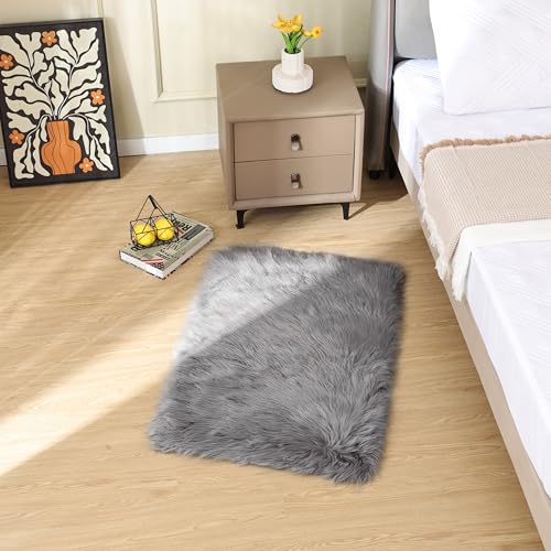 ORINOVA Light Silver Gray Faux Washable Shaggy Fur Rugs for Bedroom Plush Area Rugs for Living Room 2x3 Nursery Rug Home Room Décor - color: Silver Grey, size: 2' x 3' (Rectangular)