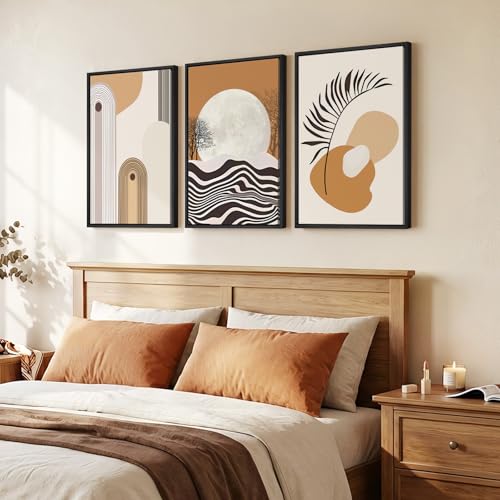 Framed Boho Mid Century Modern Wall Art for Living Room, 3 Piece Large Abstract Canvas Prints Paintings, Orange Earth Tones Moon Botanical Artwork Decor for Bedroom Hallway 16x24 Inch - color: Orange Black, size: 24" H x 16" W x 3Pcs