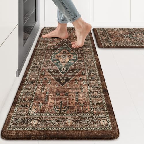 KIMODE Kitchen Mats for Floor Cushioned Anti Fatigue, Floral Kitchen Rugs Sets of 2, Brick Rugs for Kitchen Floor, Comfort Kitchen Floor Mats, Ergonomic Standing Desk Mat for Sink Laundry Room Decor - color: Brick, size: 17.3" x 47 "+ 17.3" x 29 "--0.47 i