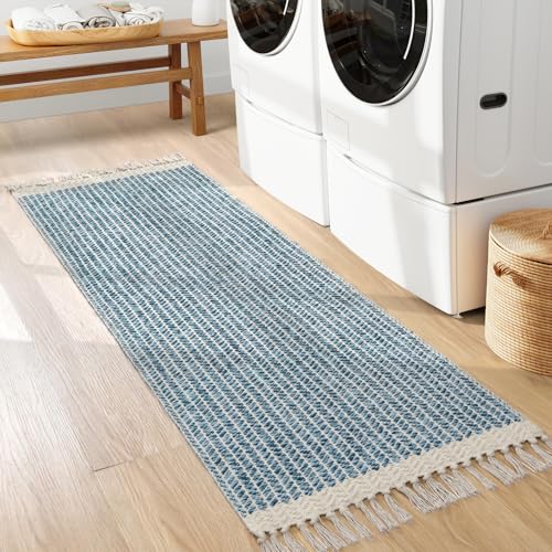 Lahome Belle Boho Kitchen Runner Rugs, 2x6 Laundry Room Rug Lightweight Bathroom Runner Woven Cotton Throw Mat with Tassels, Farmhouse Washable Blue Rug Low Pile Runners for Hallways Entry - color: Blue/Multi, size: 2' x 6' (Runner)