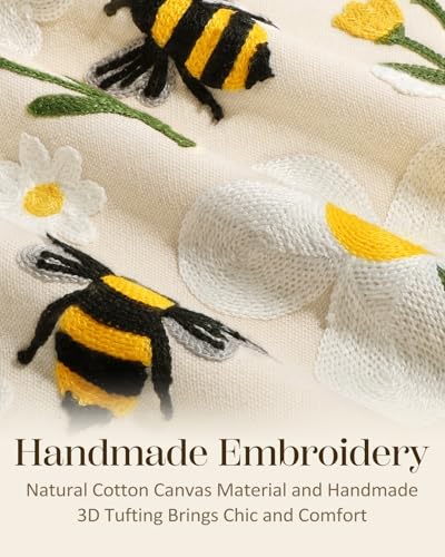 Embroidered Throw Pillow Cover 18x18 Inch - Spring Summer Boho Decorative Pillow Cover with Zipper for Living Room Couch Sofa Bed Aesthetic Design Flower Bee Cushion Pillowcase - color: Flower Bee, size: 18" x 18" (Pack of 1)