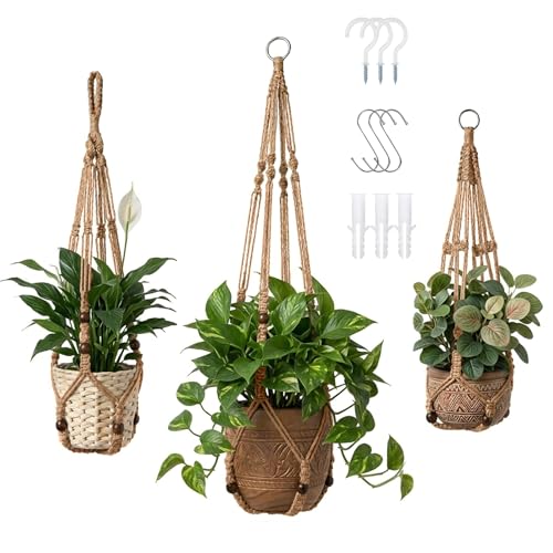 Macrame Plant Hanger 3 Pack, Jute Hanging Planter Holder Set, Brown, 35/29/23 in,with 3 Ceiling Hooks and 3 S Hooks,Suitable for Indoor and Outdoor Home Decor (Pots and Plant Not Included) - color: Brown