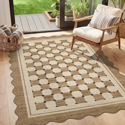 Garvee Easy Jute Scalloped Area Rug, 4x6 Neural Checkered Modern Washable Rugs for Living Room Non-Slip Low Pile Entryway Rug, Farmhouse Indoor Outdoor Carpet for Kitchen Backyard Bedroom Office 4'x6' - color: Checkered|jute, size: 4' x 6' (Rectangular)