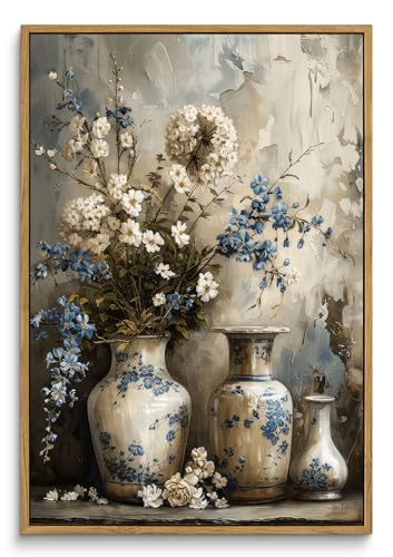 Framed Rustic Farmhouse Floral Canvas Wall Art Blue and White Vase Poster Prints Vintage Still Life Flower Picture Elegant Rural Countryside Painting Wall Decor for Living Room Office Bedroom 16x24in - color: Blue Flower, size: 24"L x 16"W