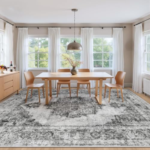 Area Rug 9x12 Vintage Rugs: Large Washable Indoor Medallion Rug Low Pile Distressed Floor Carpet Retro Accent Rugs for Living Room Bedroom Kitchen Dining Table Home Office(Black, 9'x12') - color: Black, size: 9' x 12' (Rectangular)