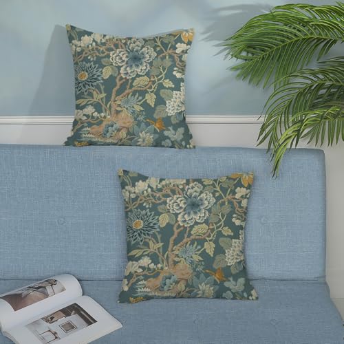Chinoiserie Throw Pillow Covers 18x18 Inch 2 Pcs Green Blue Teal Floral Decor Pillow Covers Vintage Flower Spring Summer Outdoor Seasonal Decorative Pillowcase Linen Cushion Cover for Couch - color: Chinoiserie Green Blue Teal Floral, size: 18" x 18" (Pac