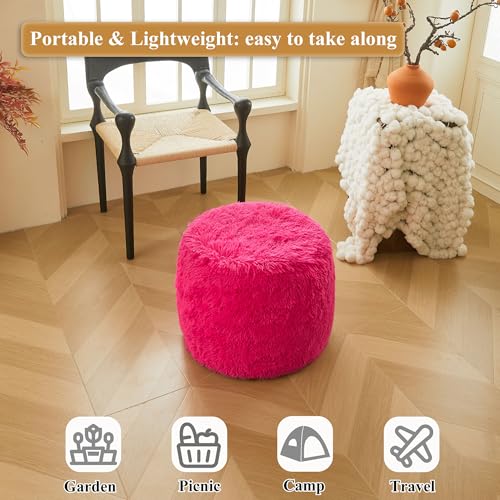 XeGe Fluffy Faux Fur Inflatable Pouf Ottoman, Soft Fuzzy Foot Stool Anti-Slip, Plush Foldable Foot Rest Floor Pouf for Kids Girls Adult, Cute Round Ottoman Cushion Living Room Bedroom, Hot Pink - color: Hot Pink, size: 20"x20"x16"