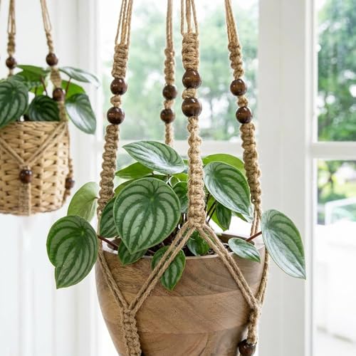 Macrame Plant Hanger 3 Pack, Jute Hanging Planter Holder Set, Brown, 35/29/23 in,with 3 Ceiling Hooks and 3 S Hooks,Suitable for Indoor and Outdoor Home Decor (Pots and Plant Not Included) - color: Brown