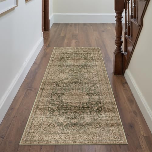 2x6 Washable Runner Rug Green Brown Vintage Non Slip Soft Low Pile Hallway Kitchen Rug Distressed Oriental Carpet for Laundry Bathroom Bedroom Living Room Home Decor - color: Green/Brown, size: 2' x 6' (Runner)