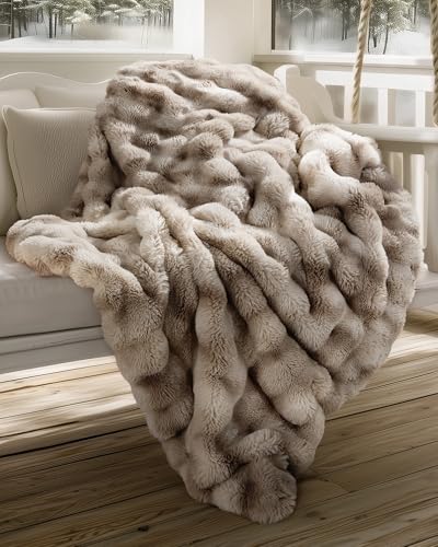 Ultra Soft Cozy Faux Fur Throw Blanket, Fuzzy Plush Thick Bubble Blanket, Oversize Luxury Fluffy Blanket for Couch, Bed, and Living Room, 60x80 Inches, Tie-Dye Light Taupe - color: Tie-dye Light Taupe, size: Twin