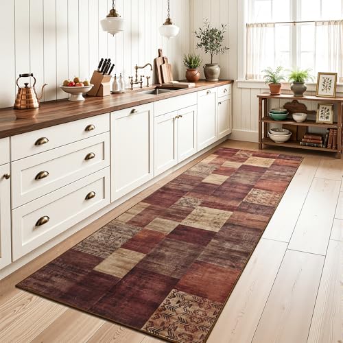 Tepook Modern Runner Rug for Living Room, 2x6 Washable Rugs for Bedroom Hallway, Geometric Patchwork Runner Rug Non-Slip Indoor Throw Carpet for Entryway Kitchen Office Home Decor, Red - color: Red, size: 2 X 6 Feet