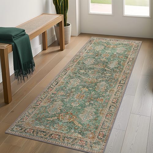 Bavni Runner Rug, Machine Washable Rugs for Bedroom 2x7, Non Slip Boho Rugs with Rubber Backing, Ultra-Thin Folable Rug Runner for Hallways Bathroom, Sage/Gold - color: Sage/Gold, size: 2' x 7' (Rectangular)