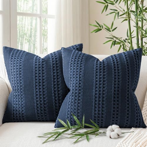 a moment 2 Pack Bamboo Fiber Pillow Covers - Waffle Weave, Ultra Soft & Breathable, Euro Shams Cotton Throw Pillow for Couch, Sofa, Bedroom Living Room 22x22 Inch Navy Blue - color: Navy Blue, size: 22" x 22" (Pack of 2)