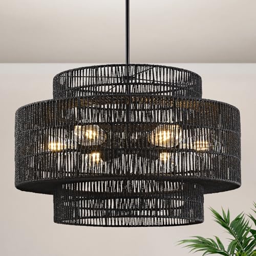 24” Black Boho Large Rattan Chandelier Light Fixture,6-Light Large Hand Woven Pendant Light Fixture Farmhouse Rustic Chandeliers for Kitchen Bedroom, Dining Room, Living Room, Hallway, Foyer - color: Black, size: 24" 6-Light