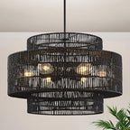 24” Black Boho Large Rattan Chandelier Light Fixture,6-Light Large Hand Woven Pendant Light Fixture Farmhouse Rustic Chandeliers for Kitchen Bedroom, Dining Room, Living Room, Hallway, Foyer - color: Black, size: 24" 6-Light