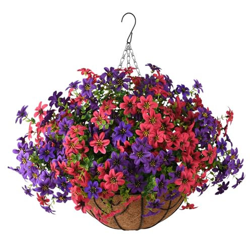 ZFProcess Artificial Flowers Hanging Baskets, Multicolor 12 Bundles Faux Flower Outdoor Hanging Basket Spring Summer Decoration, Fake Flowers Plants for Porch Patio Balcony Home Yard Decor (Fuchsia) - color: Peach Red