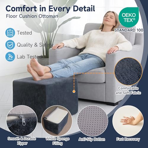 Tiita Stuffed Pouf Ottoman, Square Foot Stool Fluffy Floor Poufs Chair for Living Room Bedroom, Filled Boho Foot Rest for Couch, Blue-Grey - color: Square Blue-grey