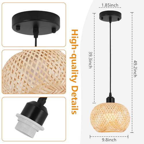 Boho Pendant Light Battery Operated,Rechargeable Woven Pendant Light with Remote,Rattan Pendant Light Fixtures for Kitchen Island,Wicker Hanging Lights for Dining Room Bedroom Hallway Entryway. - size: 7.87 in