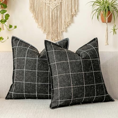 Black and White Plaid 22x22 Pillow Cover, Neutral Throw Pillow Covers 22x22 Set of 2, Modern Farmhouse Buffalo Checkered Decorative Linen Pillow Cover 22 x 22, Black Boho Living Room Decor - color: Black & Beige Plaid Set of 2, size: 22" x 22" (Pack of 2)