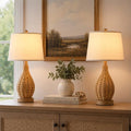 Hamilyeah 23" Farmhouse Table Lamps Set of 2 with Bulbs Included, Boho Bedside Lamps with Fabric Shade, Natural Woven Rattan Nightstand Lamps for Bedroom, Living Room, Large Spaces - color: wooden color