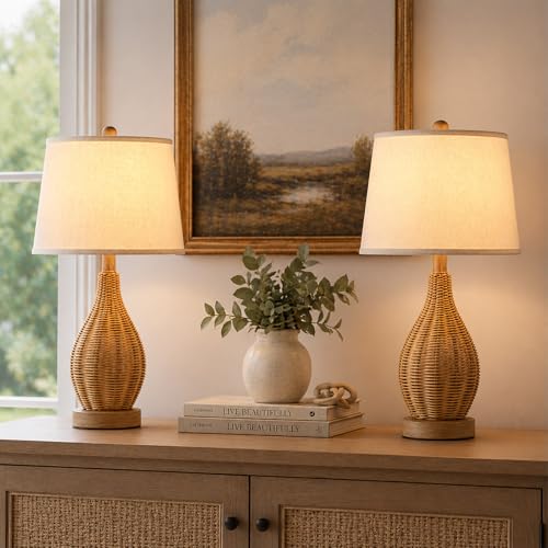 Hamilyeah 23" Farmhouse Table Lamps Set of 2 with Bulbs Included, Boho Bedside Lamps with Fabric Shade, Natural Woven Rattan Nightstand Lamps for Bedroom, Living Room, Large Spaces - color: wooden color
