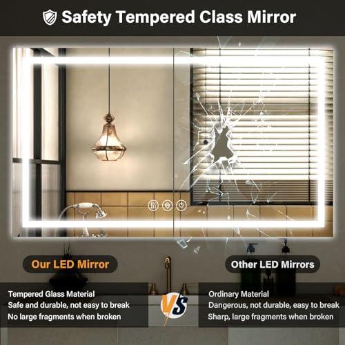 XRAMFY 40"x 60"LED Bathroom Mirror, Backlit + Front Lit, LED Bathroom Mirror with Lights for Wall, 3 Colors, Anti-Fog, Dimmable Brightness, Tempered Glass - size: 40"L x 60"W