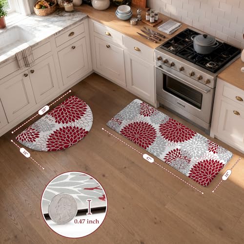 KIMODE Half Circle Kitchen Mats for Floor Cushioned Anti Fatigue,2PCS Semi Round Floral Boho Kitchen mat Non Slip,Waterproof Padded Kitchen Floor Mat Carpet Decor for Sink Laundry Bathroom,Red - color: Red, size: 18" x 28"+18" x 47"-0.47 inches