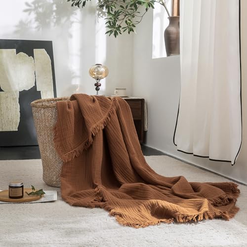 FOSSA Muslin Blanket with Fringe - 4-Layer 100% Cotton Gauze Super Soft & Breathable Throw -Lightweight Decorative Cooling Blanket for Bed, Sofa, Office -Throw XL Size 50" × 70" (Dark Orange) - color: Dark Orange, size: Throw XL (50" × 70")