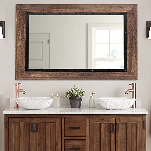 YOSHOOT Rustic Wooden Framed Wall Mirror, 26"x18", Natural Wood and Iron Bathroom Vanity Mirror for Farmhouse Decor, Vertical or Horizontal Hanging - color: Brown, size: 26"L x 18"W