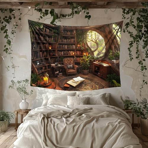 Richldeas 60x44inchs Forest Bookshelf Tapestry Tree Bookshelf Blanket Window Tapestries Wall Hanging for Bedroom Living Room Home Decor and Windowless Office RITAYW079 - color: Yellow-3, size: 60"L x 44"W
