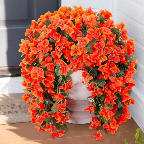 Artificial Bougainvillea Faux Flowers Plants for Outdoors Outside Fall Autumn Decor, 2 PCS Silk Trailing Vines UV Resistant Realistic Orange Fake Flowers for Planter Front Door Porch Patio Balcony - color: Orange