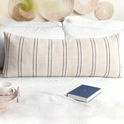 AELS 14x36 Decorative Lumbar Throw Pillow Covers, Farmhouse Linen Blend Textured Long Pillow Case, Beige with White & Black Stitch Boho Cushion Cover for Couch Living Room (Cover ONLY) - color: Beige With White & Black, size: 36" x 14" (Pack of 1)