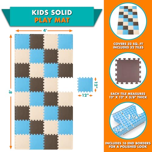 ProSource Baby Play Mat, Soft Foam Floor Tiles for Kids, Interlocking EVA Panels for Playpen Use, Crawling Development Surface, Safe Non-Toxic Toddler Flooring, 32 Tiles, Blue/Brown/Beige - color: Blue/Brown/Beige, size: 32 Tiles
