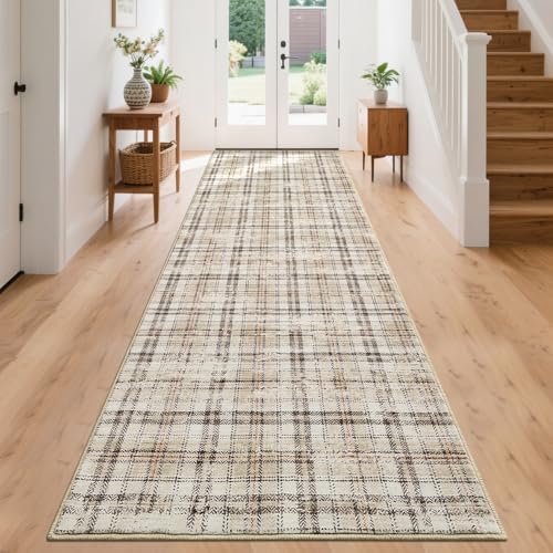 Garvee Tartan Plaid Washable Rugs for Entryway 2x10 Runner Rug Non Slip Kitchen Rugs Indoor Modern Soft Bath Mat Low Pile Stain Resistant Carpet for Bedroom Hallway Laundry Living Room 2'x10' Beige - color: Plaid|beige, size: 2' x 10' (Runner)