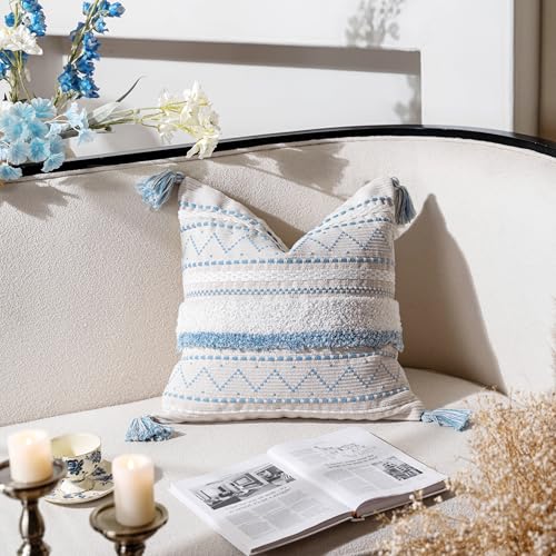 BlissBlush 20X20 Throw Pillow Cover, Coastal Blue Square Decorative Cushion Cover, Boho Accent Pillowcase with Tassels for Couch Sofa Living Room (Cover Only) - color: Blue, size: 20" x 20" (Pack of 1)