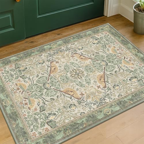 Sage Green Boho Bathroom Rugs - 2x3 Washable Non-Slip Soft Low Pile Area Rug for Entryway, Kitchen, and Decorative Door Mats - Vintage Farmhouse Design with Bird & Botanical Pattern Boho Décor - color: Sage Green, size: 2' x 3' (Rectangular)