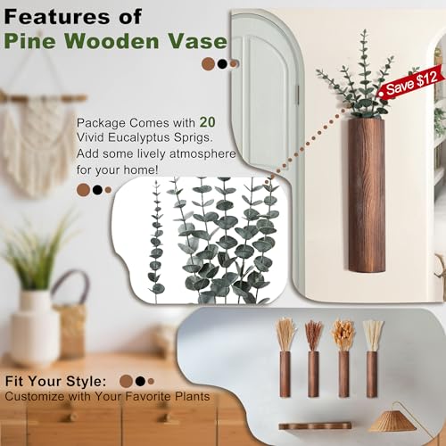 Wood Wall Planter with 20 pcs Artificial Eucalyptus, Modern Decor for Living Room Bedroom Bathroom Entryway, Farmhouse Boho Wall Vases for Dried Flowers and Faux Plants - 4 Pack