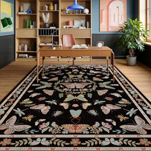 Unirea 5x7 Black Living Room Bedroom Area Rug, Large Washable Non Slip Rug for Dining Room Under Table, Kids Room, Home Office, Thin Soft Boho Stain Resistant Insect Bug Rug, Low Pile Carpet - color: Black, size: 5'x7'