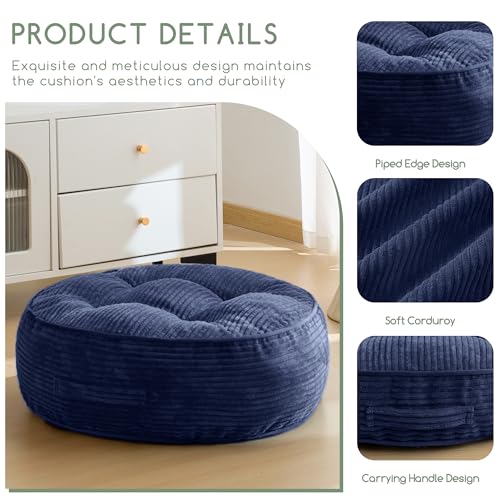 HIGOGOGO 8" Extra Thick Floor Pillow Cushion for Adults, Meditation Cushion Pillow, Large Round Floor Sitting, Tufted Corduroy Cover, for Tatami Living Room or Yoga, 22x22 Inch, Navy - color: Round Navy, size: 8" Thick(Pack of 1)