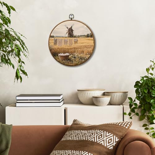 JUIOEIU Vintage Fall Rustic Farmhouse Round Wall Decor, Country Laundry Day Framed Canvas Prints, Retro Cottagecore Landscape Wall Art Hanging Decorations for Washroom Laundry Room Decor, 10x10in - color: Laundry room07
