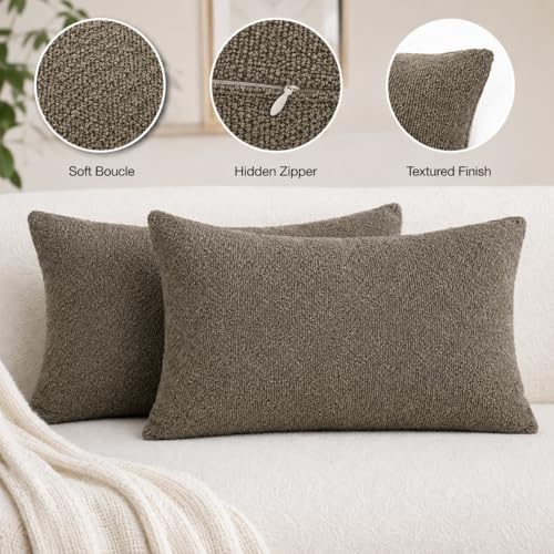 JoraLion 12x20 inch Boucle Throw Pillow Covers, Brown Woven Texture Neutral Pillow Cover Breathable Cushion Case for Couch Sofa Bed Living Room Home Decor, Pack of 2, No Insert - color: Brown, size: 20" x 12" (Pack of 2)